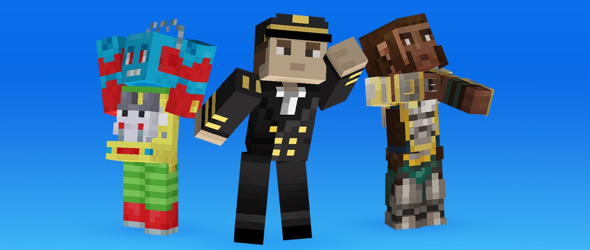 Three Minecraft characters: one in a colorful robot costume, one dressed as a ship captain, and one as a rugged adventurer, against a blue background.