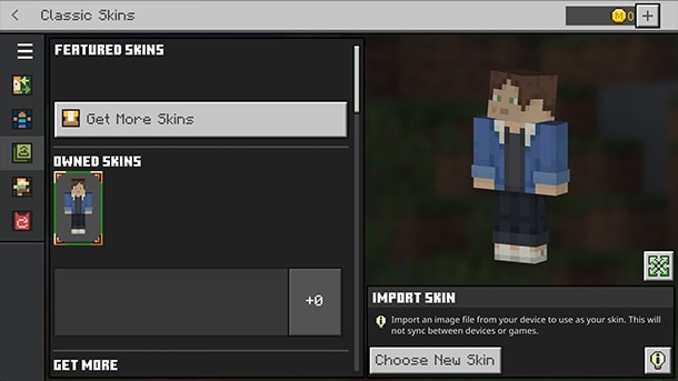 The character skin which was seen in an earlier screenshot within Blockbench now appears in the Minecraft Dressing Room, within the player's owned skins.