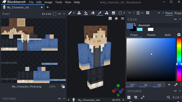 A Blockbench screenshot shows a custom character skin being applied to a Minecraft avatar.