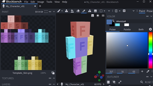 A Blockbench screenshot shows a starter skin which highlights each area of a Minecraft character's design in different colors.