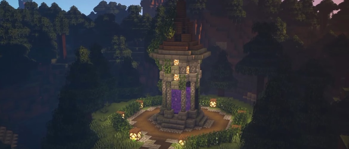 Image from Minecraft of a structure resembling a cross between a gazebo and tower, built out of cobblestone block, with a purple glowing Nether Portal in the middle of it.