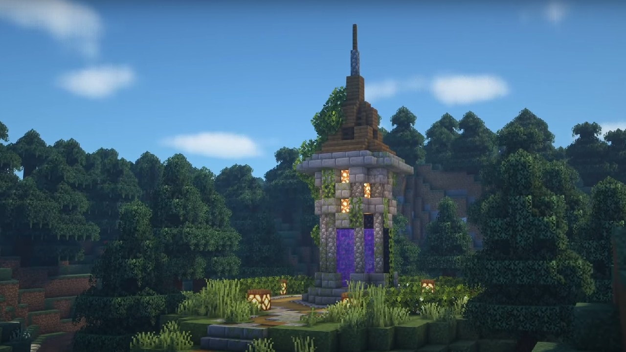 Image from Minecraft of a structure resembling a cross between a gazebo and tower, built out of cobblestone block, with a purple glowing Nether Portal in the middle of it.