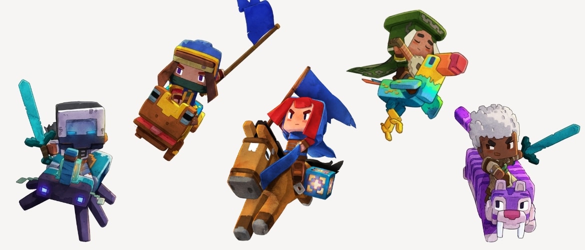 An image depicting all the mounts in Minecraft Legends: the horse, big beak, regal tiger, brilliant beetle, and fearless frog.
