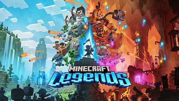 Слева дружественные мобы Minecraft, справа враги, в центре герой Minecraft на лошади