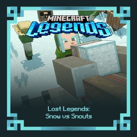 A close-up screenshot showing a Minecraft Legends hero character using a redstone launcher