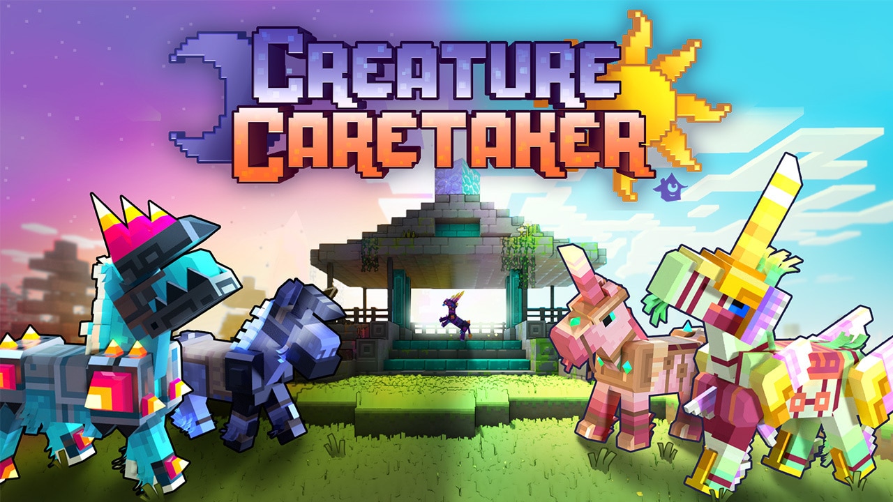 The spalsh art for Creature Caretaker, showing two groups of multi-colored unicorn-like creatures. On the left of the image it's night, while on the right it is day. In the background, another creature is standing on its hind legs inside a gazebo-like structure.