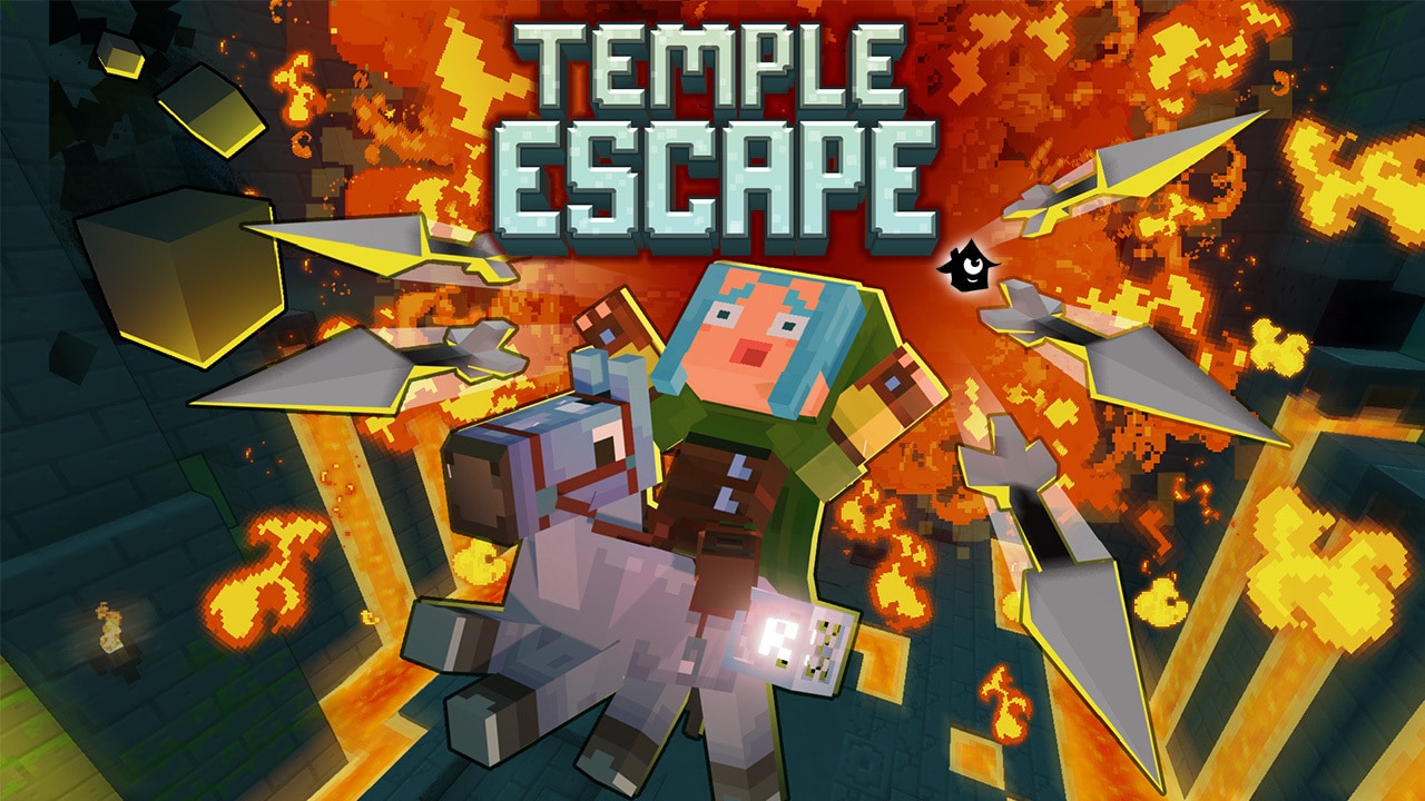 The splash art for Temple Escape, showing a hero character running panicked towards the camera, with a wall of flame and flying metal darts behind them.