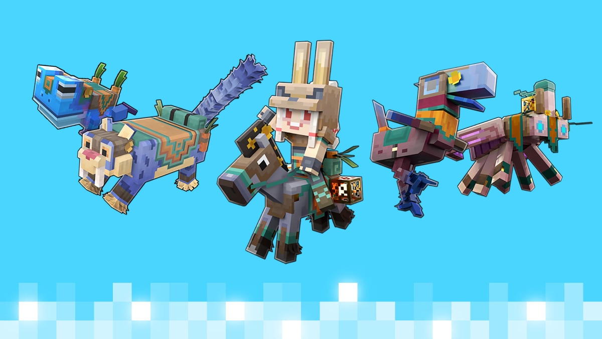 A Minecraft Legends player character and mounts wearing the Deluxe Edition skin pack.