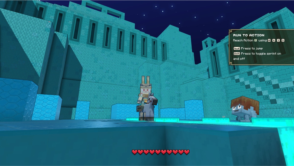 A Minecraft Legends player character wearing a Deluxe skin riding a horse.