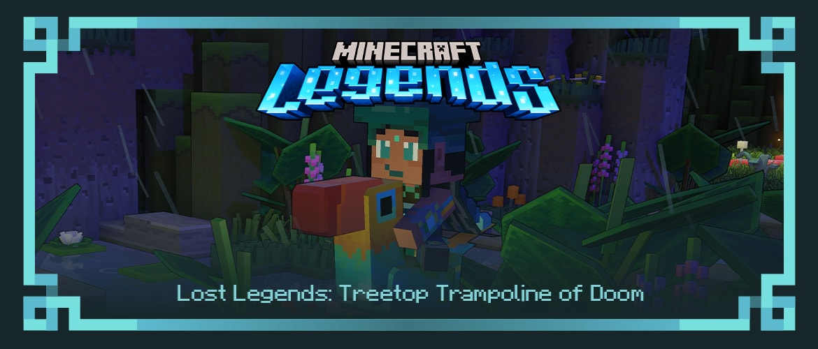 A screenshot of a Minecraft Legends hero character riding e big beak through the jungle.