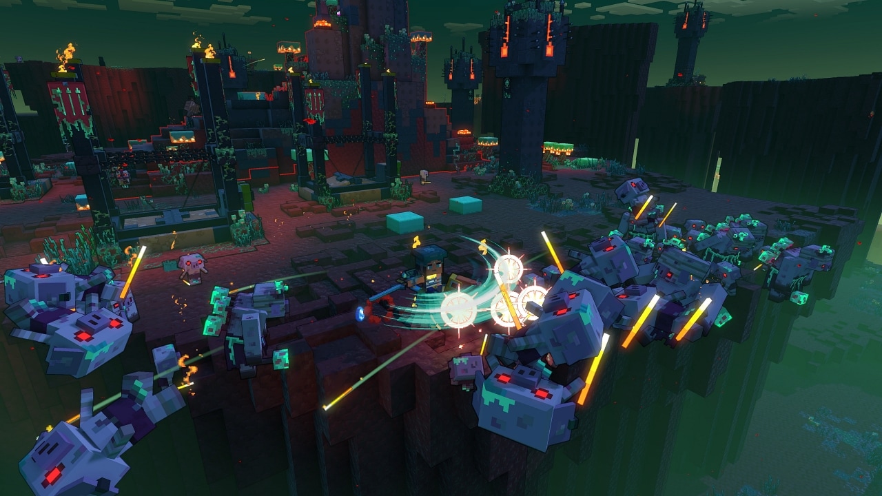 A screenshot of a Minecraft Legends' hero character fighting Horde of the Spore piglins inside an elevated base.