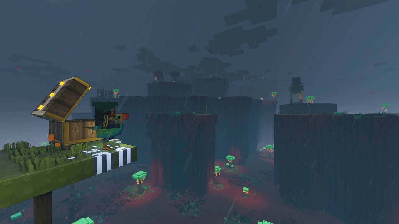 A screenshot of a Minecraft Legends' hero character standing on top of a tree beside an opem chest, overlooking a series of platforms thaty house a piglin base.