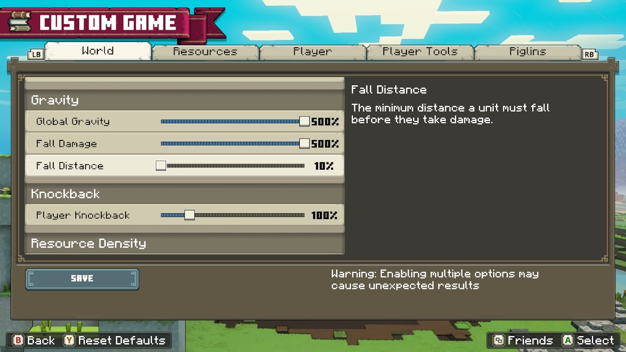 A screenshot of the Custom Game menu with Global Gravity and Fall Damage turned to the max (500%).