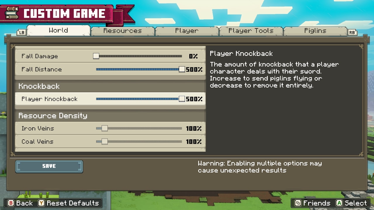 A screenshot of the Custom Game menu with Fall Distance and Player Knockback turned to the max (500%). Fall Damage is set to the minimum value (0%).