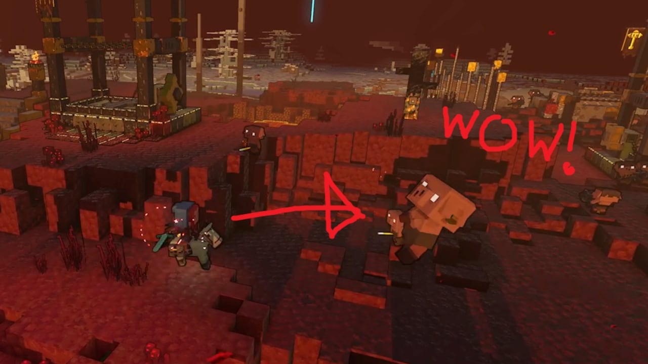 A close up of a piglin runt flying through the air after having been hit by the hero. A red arrow points at the piglin, woth the text "WOW!" drawn on.