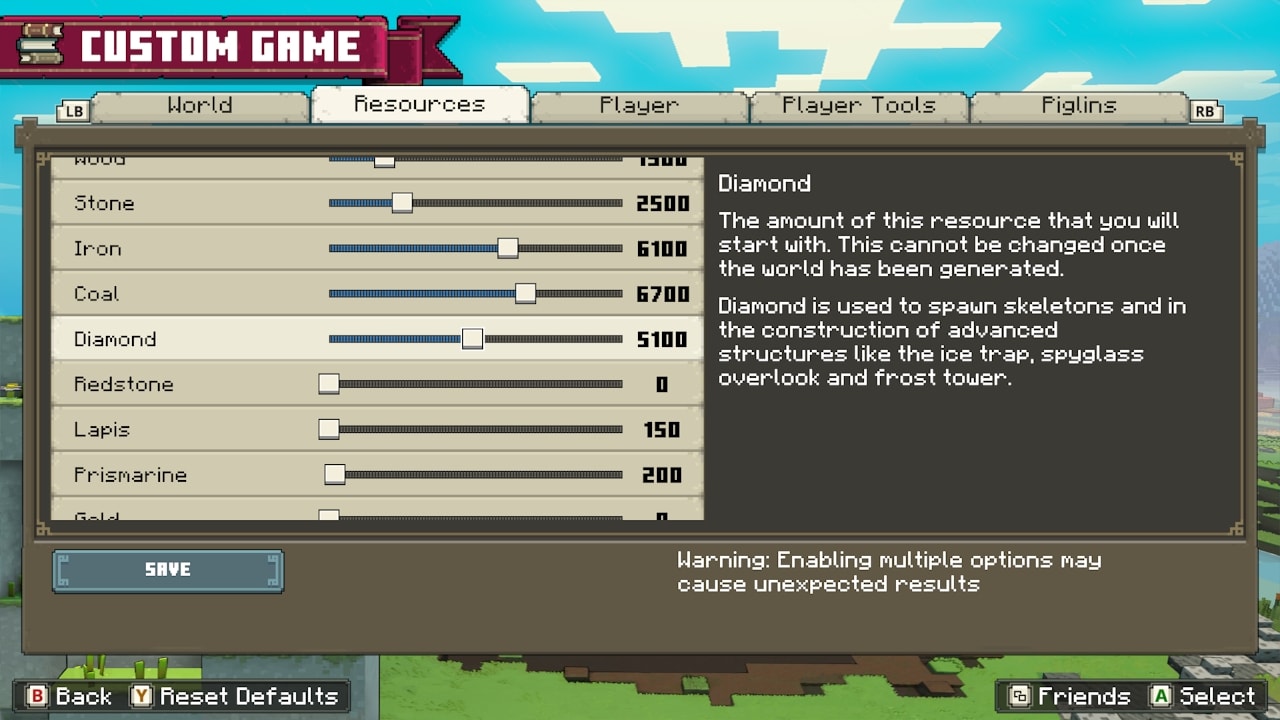 The Custom Game menu with the Resource starting quantities set to various high values: stone to 2500, iron to 6100, coal to 6700, diamond to 5100 etc.