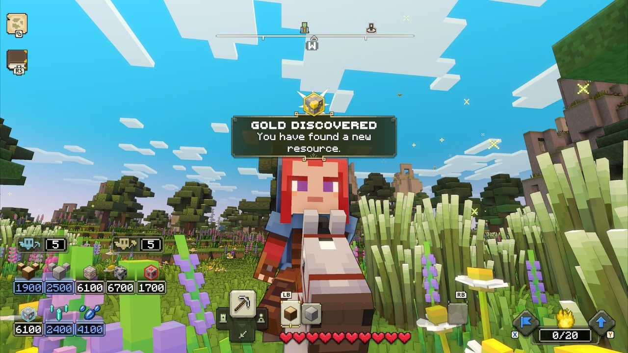 A close up of a Minecraft Legends hero character with the inventory visible. They hold a large amount of all resources, including 6700 coal and 6100 diamond. On screen, a message says: "Gold discovered."