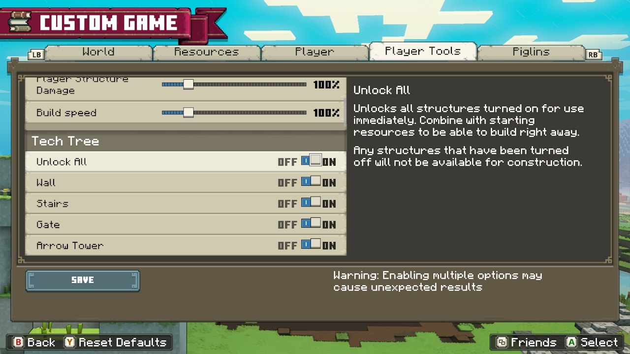The Custom Game menu with all the structures under the Tech Tree category unlocked.