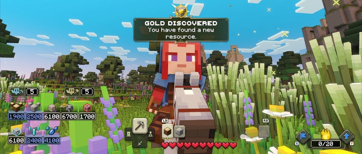 A close up of a Minecraft Legends hero character with the inventory visible. They hold a large amount of all resources, including 6700 coal and 6100 diamond. On screen, a message says: "Gold discovered".