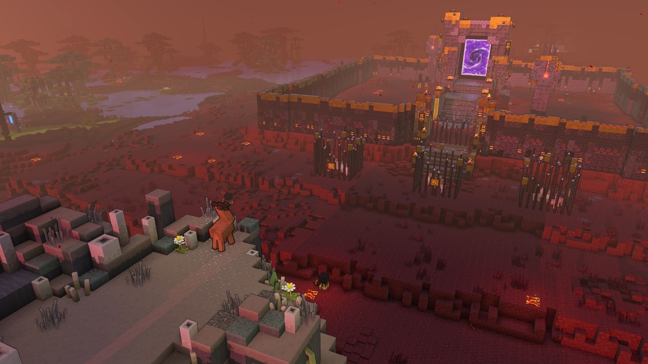 The same llama from the previous shot, but now we're zoomed out and seeing it from behind. In front of it is a piglin base with thick walls. Inside there is a big Nether portal, and in front of the base's gates there are three cages filled with llamas.