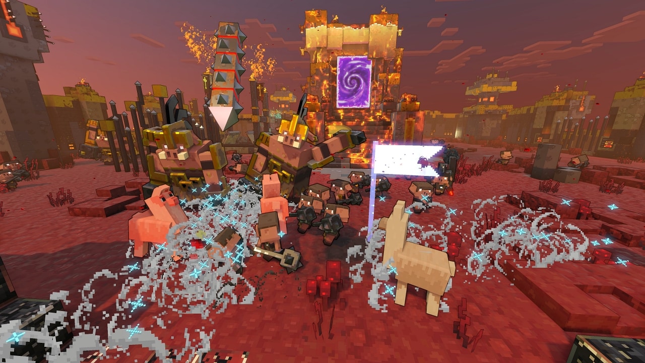 Inside the piglin base, three llamas are fighting two portal guards and many mace runts.