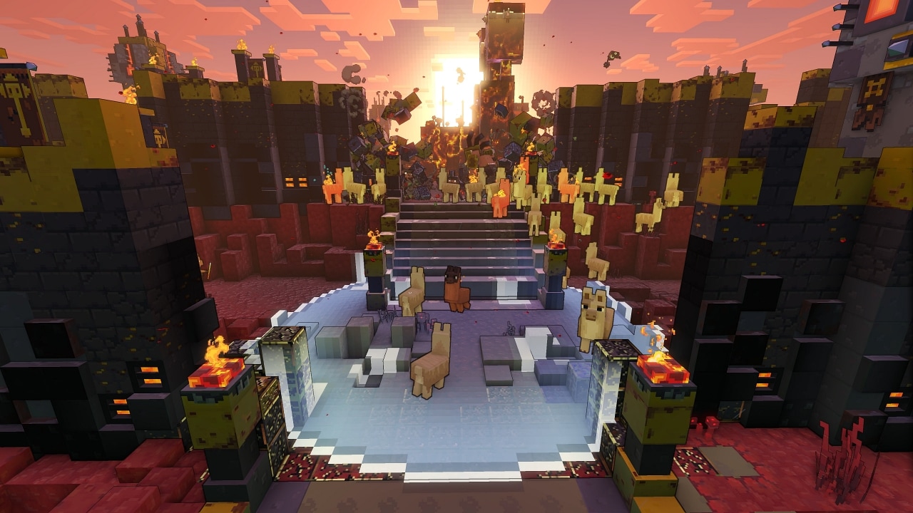 Many llamas are standing at the base's gates. The one in the center, the player character is colored brown, while the others are beige.