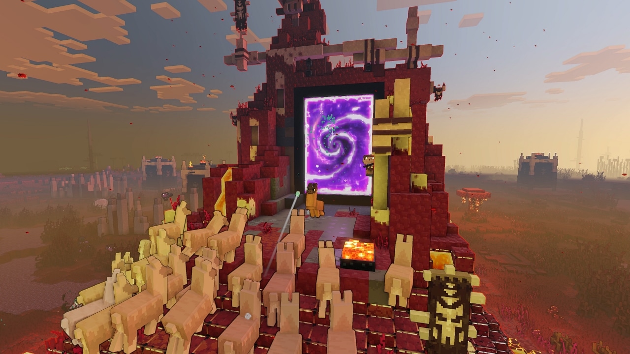 A crowd of llamas in front of the Nether portal, with the player llama in front of them. They are spitting at the portal.
