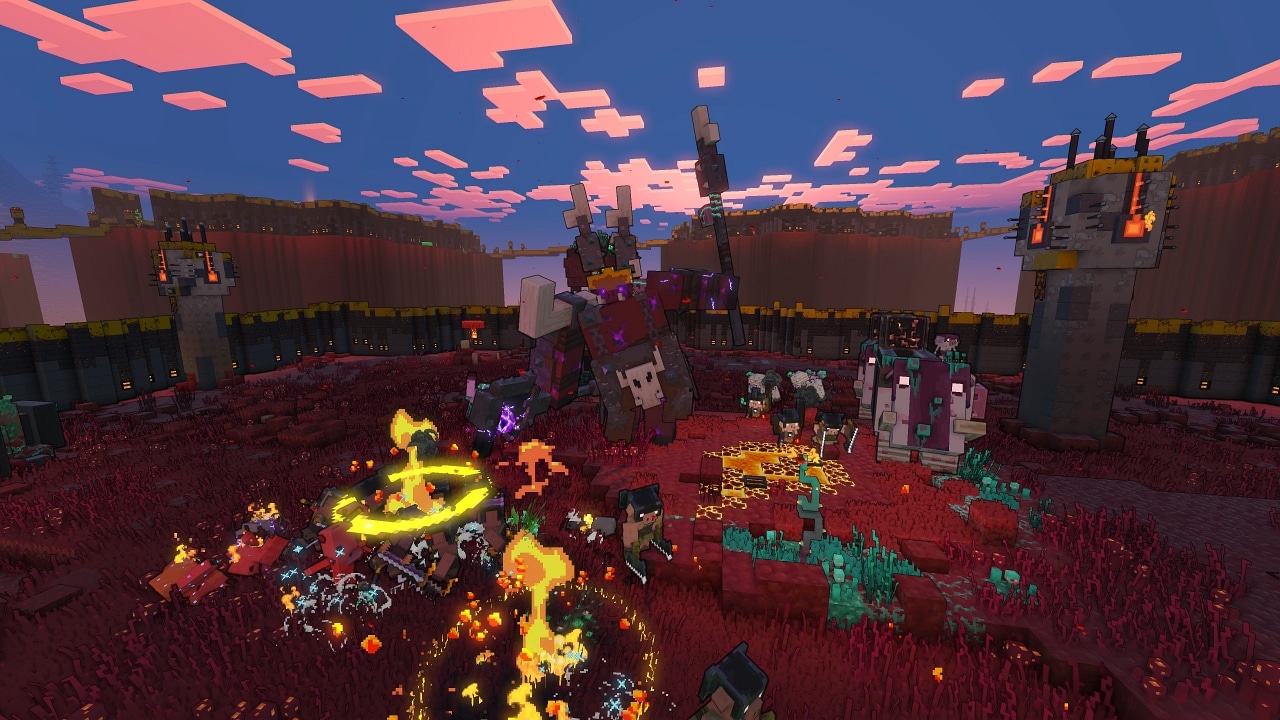 A screenshot from Lost Legends: The Crucible showing the Great Hog inside the final chamber of the gauntlet, surrounded by piglins and the hero's allies mid-battle