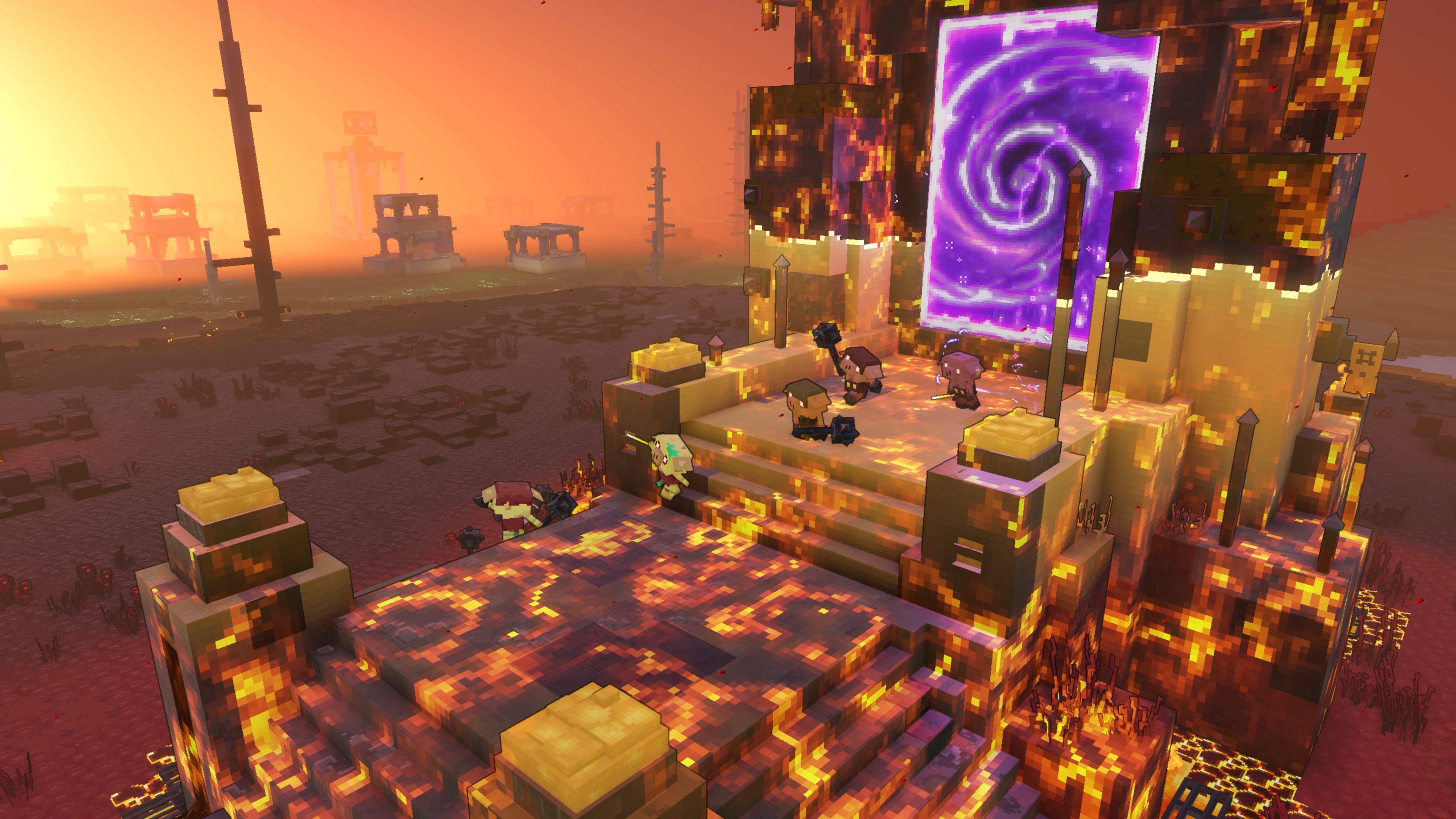 A screenshot from Lost Legends: Portal Pile showing piglins coming out of a Nether portal and a village in the background