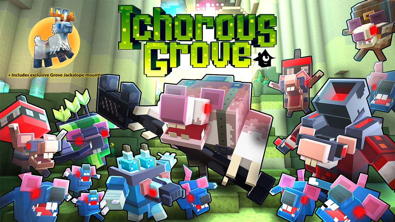 The image shows a horde of rat-like creatures holding weapons, which are some of the enemies you will face in Ichorous Grove. To the upper left, there is an image of the exclusive skin that comes with the DLC, the Grove Jackalope mount.