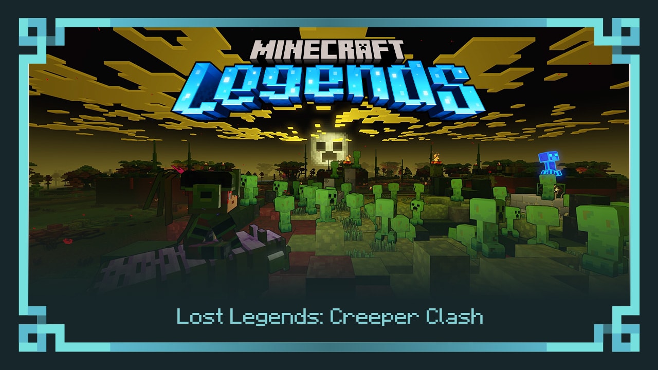 A moody screenshot from Creeper Clash, featuring the hero surrounded by an army of creepers. The sky is black and the clouds are lit up by the greenish-yellow glow of a moon that has a creeper face.