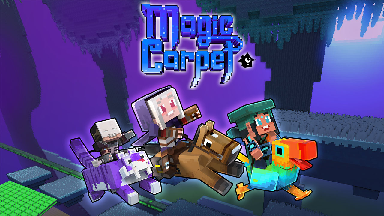 Three cheerful hero characters are in the center of the image. The background is purple and green, depicting a level from Magic Carpet.