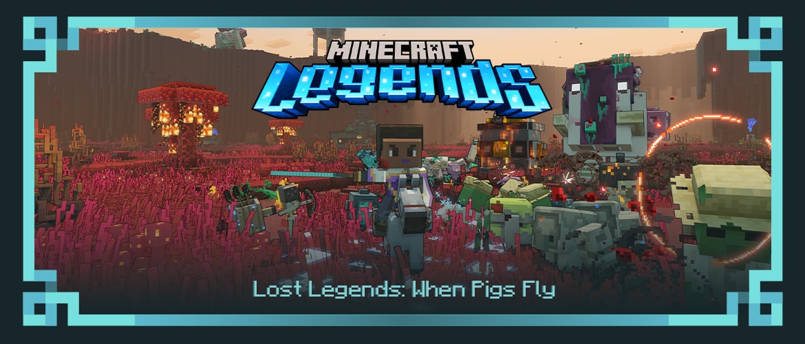 A Minecraft Legends hero character fighting piglins inside an arena. Piglin launchers are visible on the edge of the coliseum.
