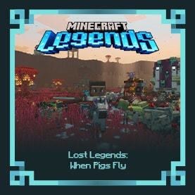 A Minecraft Legends hero character fighting piglins inside an arena. Piglin launchers are visible on the edge of the coliseum.