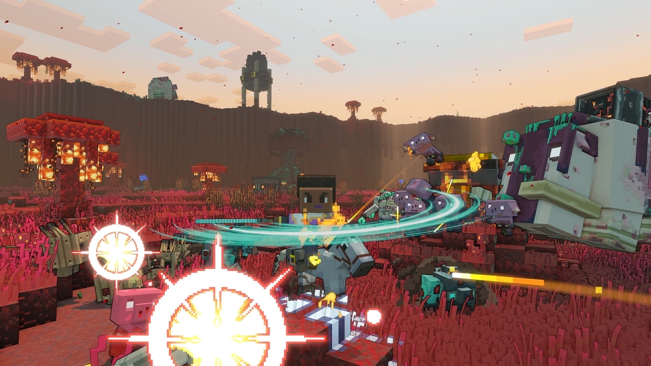 A Minecraft Legends hero character fighting piglins inside an arena. Piglin launchers are visible on the edge of the coliseum.