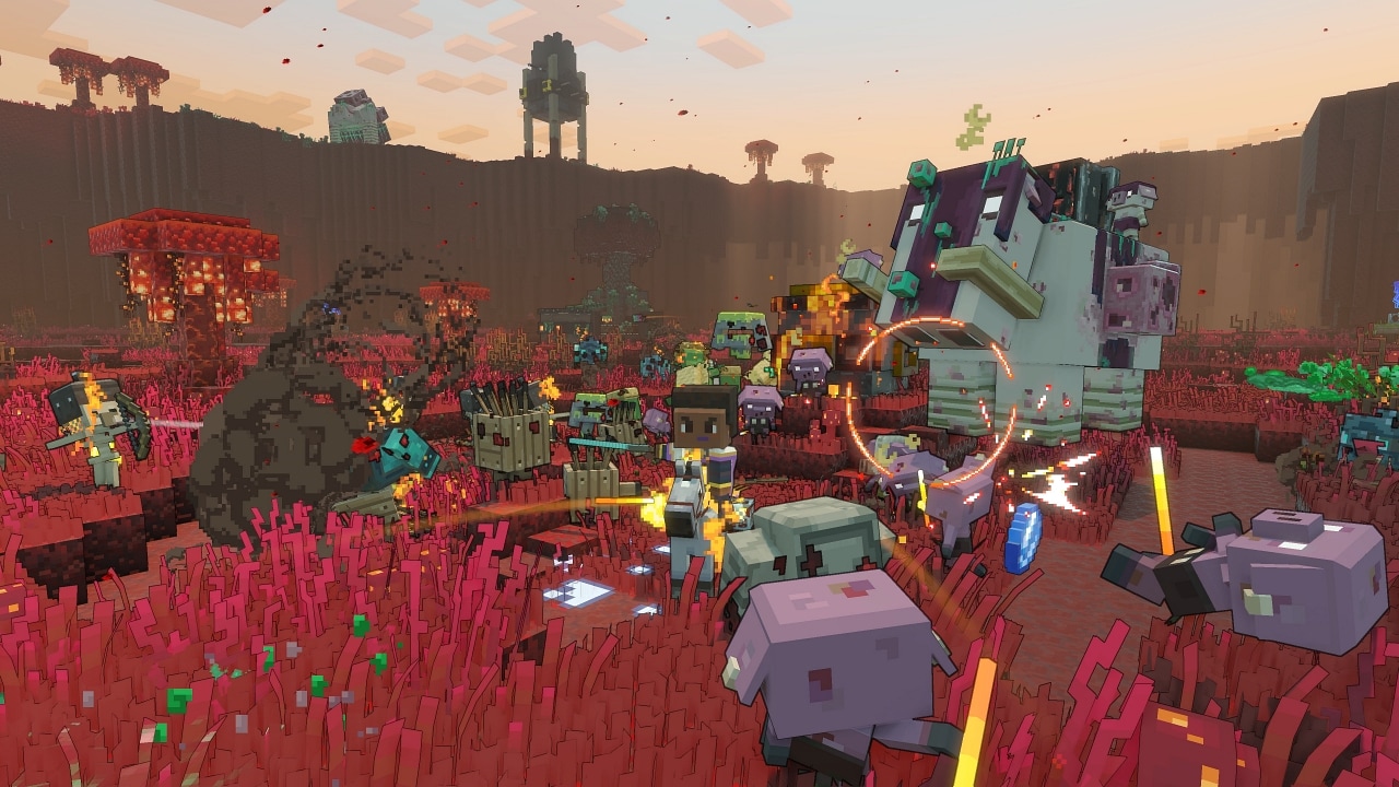 A Minecraft Legends hero character fighting piglins inside an arena. Piglin launchers are visible on the edge of the coliseum.