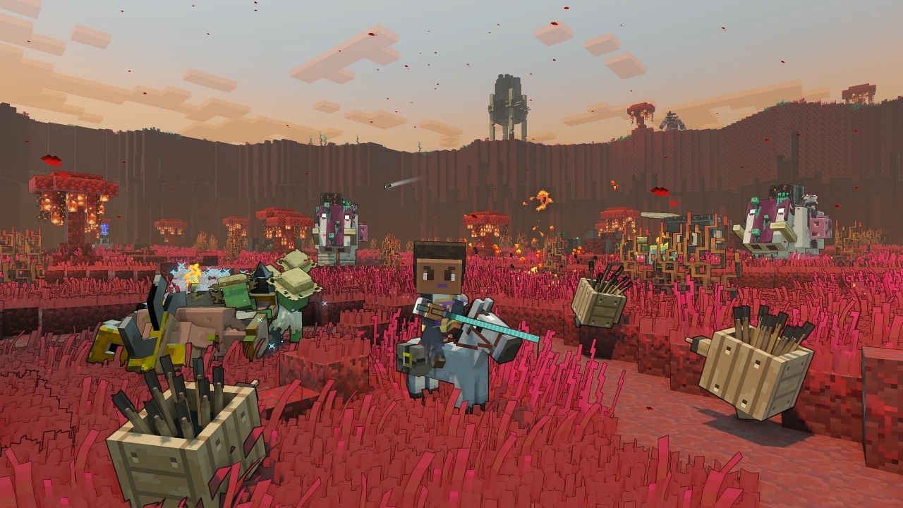 A Minecraft Legends hero character fighting piglins inside an arena. Piglin launchers are visible on the edge of the coliseum.