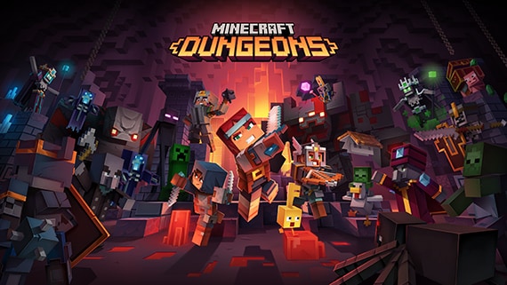 Четверо героев Minecraft Dungeons в окружении множества мобов в тускло освещенной пещере