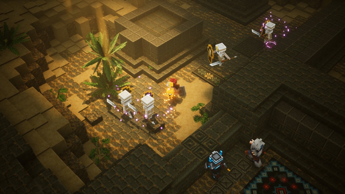 Skeleton warriors guard a key in a desert temple