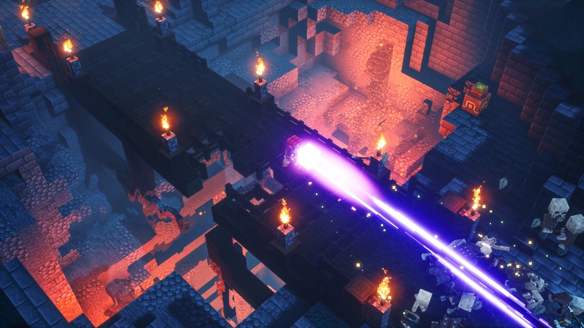 An adventurer fires a powerful beam down a narrow bridge