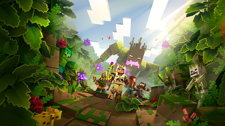 A group of excited players walking into the jungle.