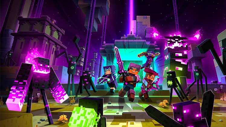 A group of players charging into the End with weapons drawn.