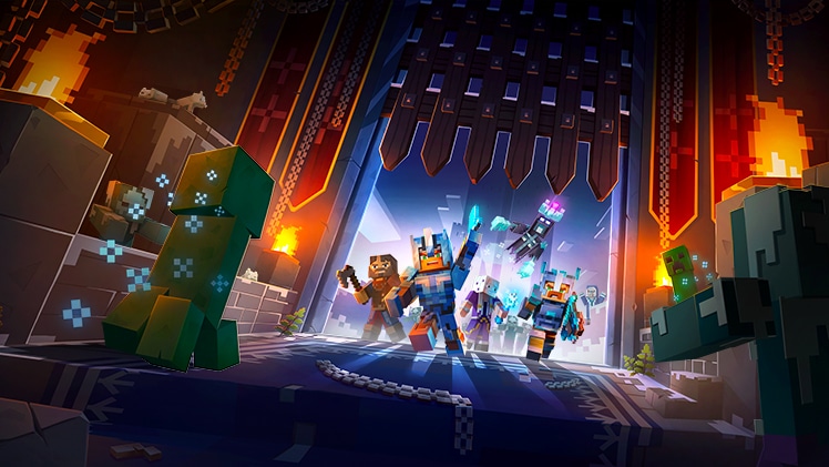 A group of players charging into a snow-covered fortress.