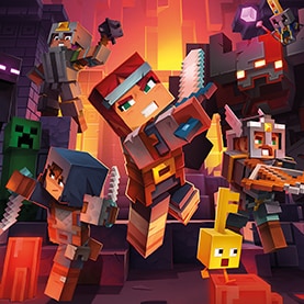 Val and the other Dungeons heroes surrounded by the Arch-Illager and other mobs