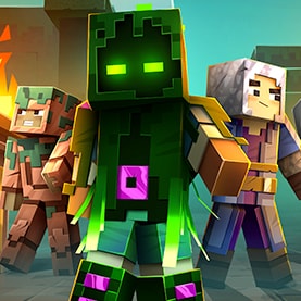 A group of heroes in front of the entrance to the Minecraft Dungeons mission "Treetop Tangle"