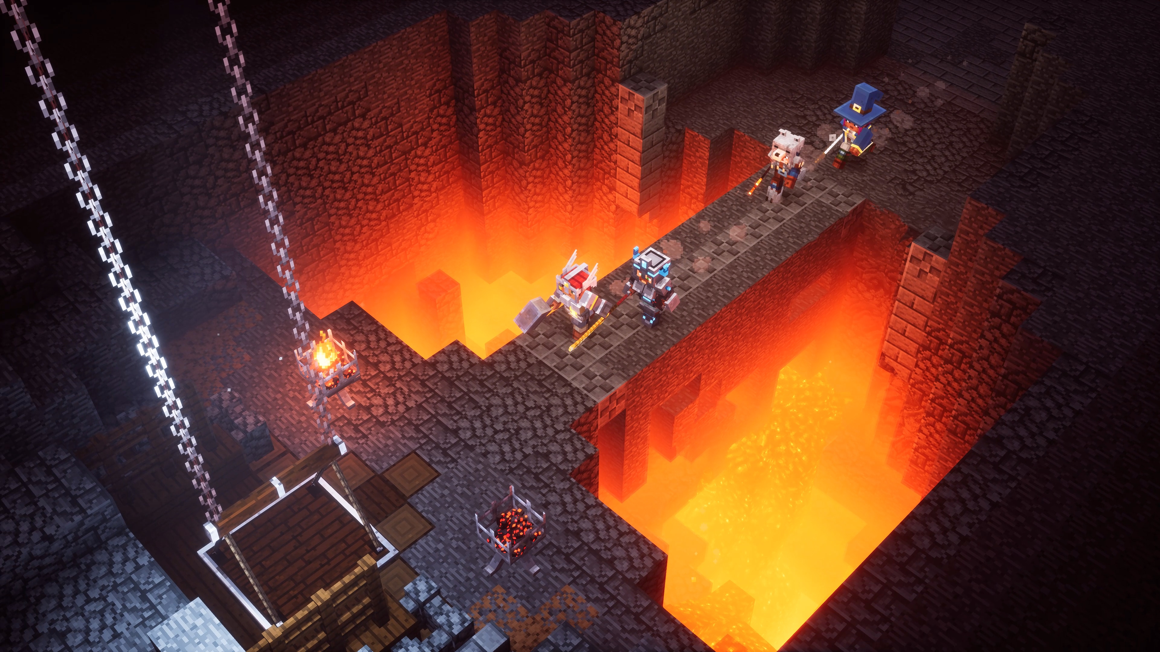 4 Minecraft Dungeon players cross a bridge over lava in a dark dungeon