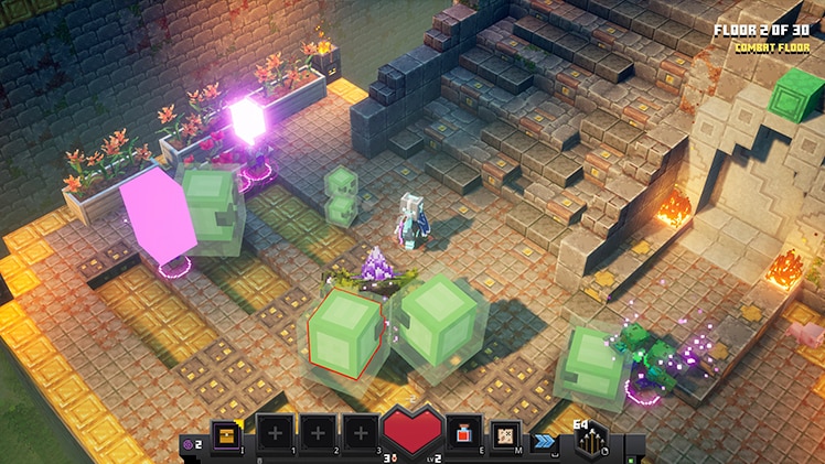 A player in front of a group of green slime.